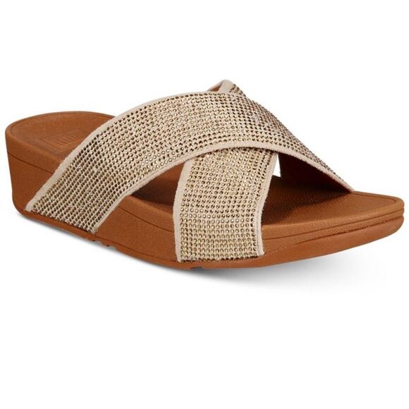 FitFlop RITZY Gold Metallic Sparkle Crisscross Orthotic Slide Sandals - Picture 1 of 16